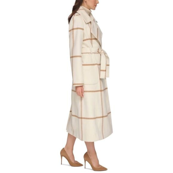 DKNY Notch Collar Belted Wrap Cream and Tan Plaid Classic Trench Coat, Size XL - Picture 5 of 5